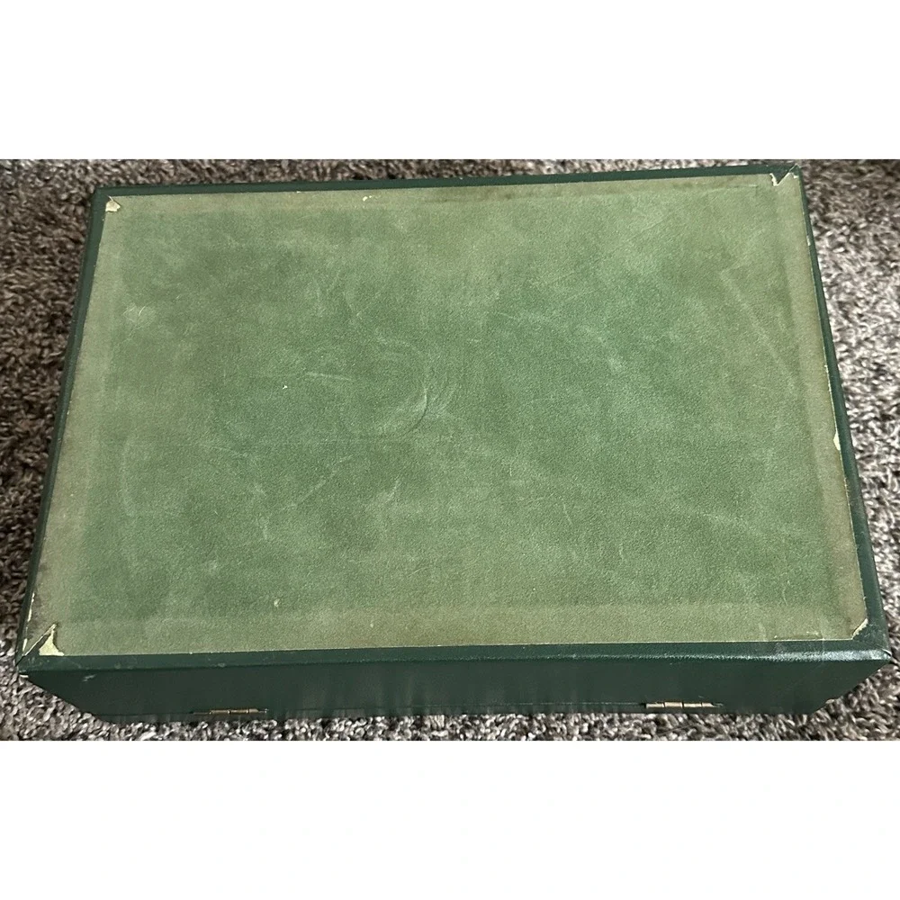 Vintage Jewelry Vanity Dresser Faux Leather Green Jewelry Box with Yellow Lining
